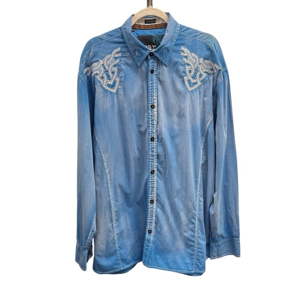 Roar Signature Men's Size XXL Blue Long Sleeve Button-Up Embroidered Shirt